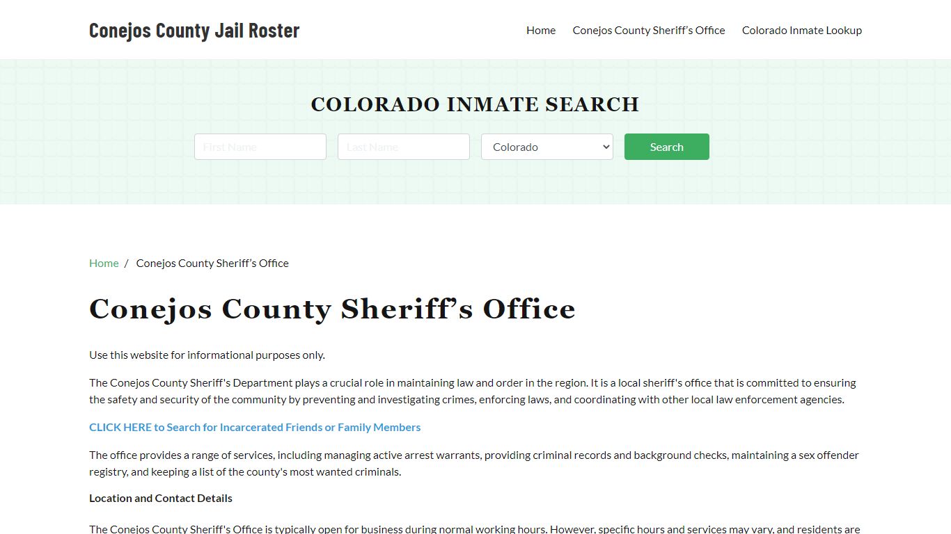 Conejos County Sheriff Office, CO, Arrest Warrants Search